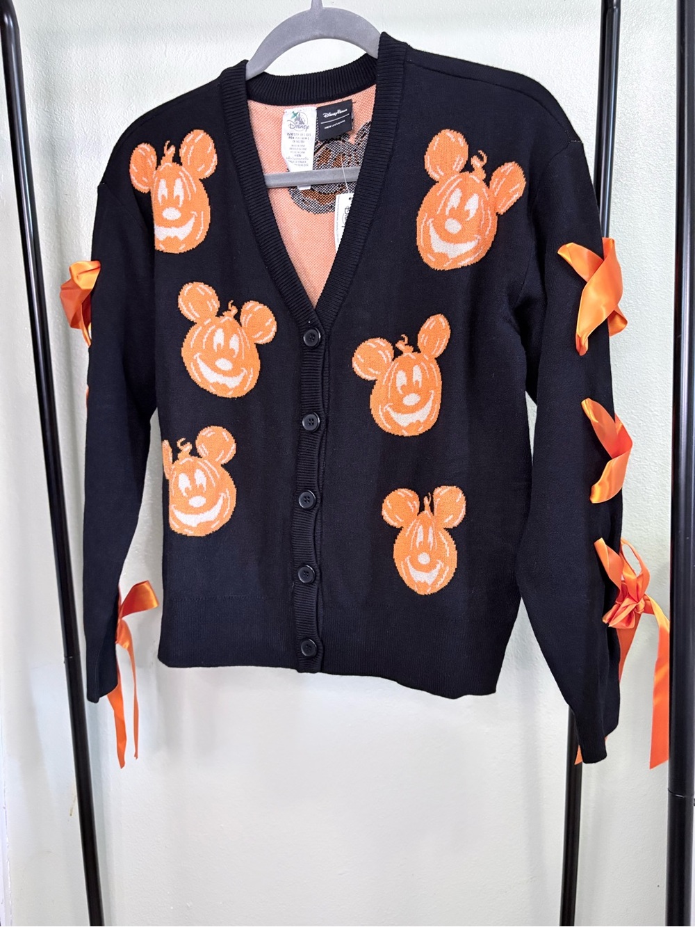 NWT Disney Parks Halloween Mickey Pumpkin Ribbon Bow Cardigan Sweater Size S